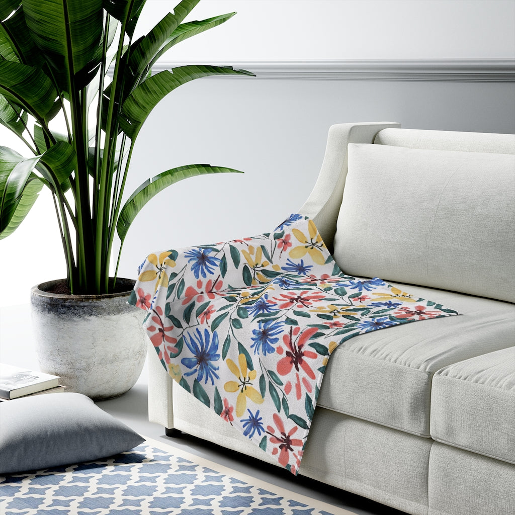 Watercolor Floral Printed Velveteen Plush Blanket