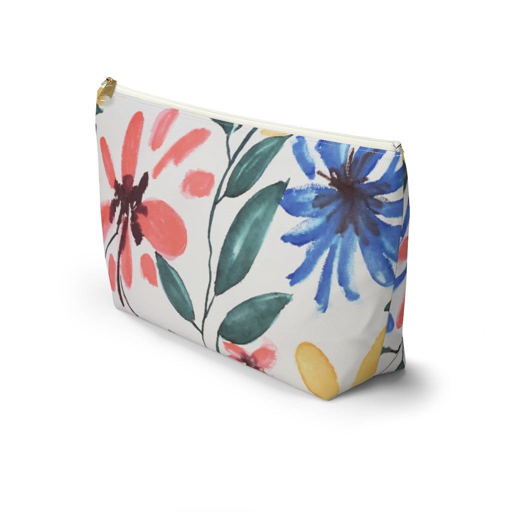 Floral Watercolor Printed Accessory Pouch w T-bottom