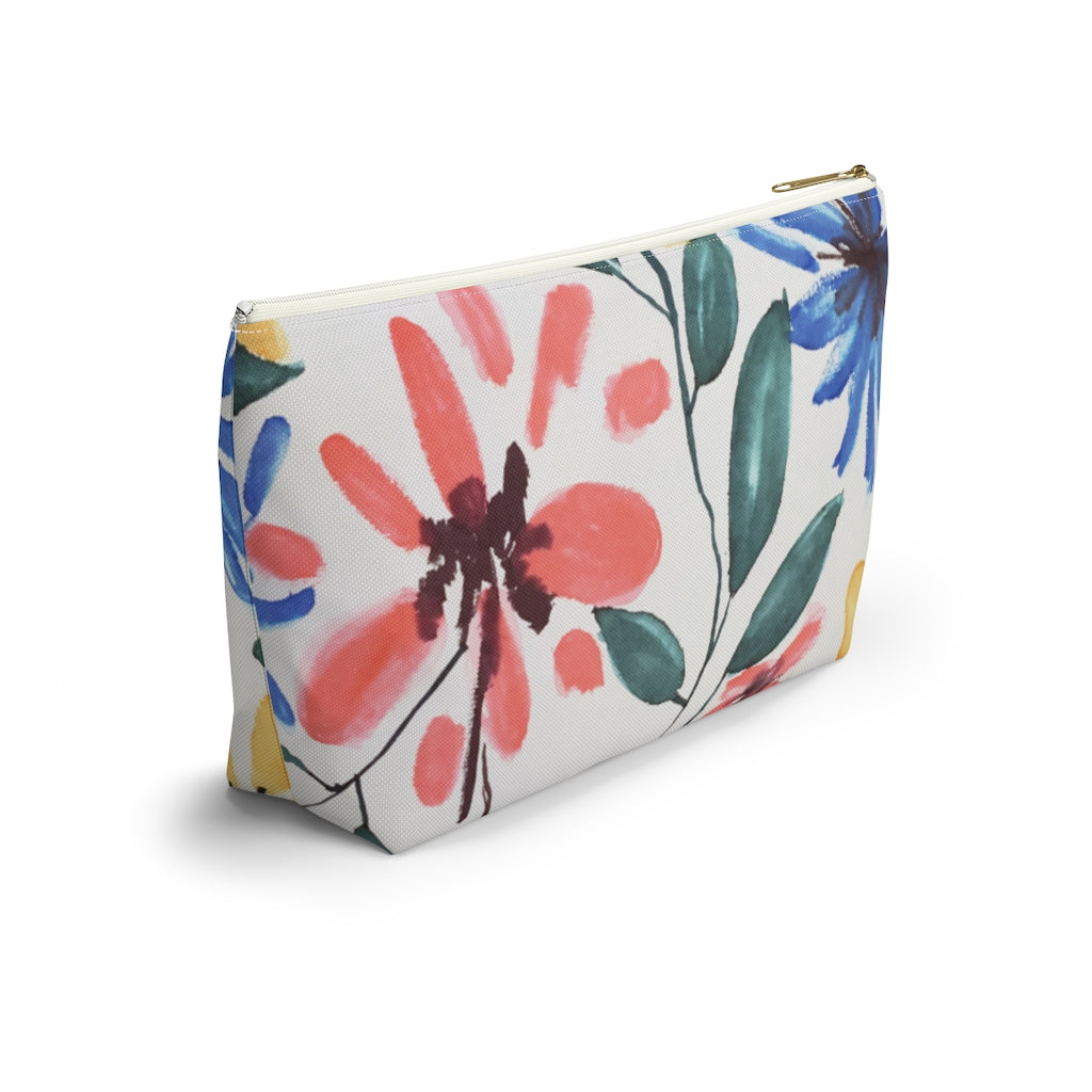 Floral Watercolor Printed Accessory Pouch w T-bottom