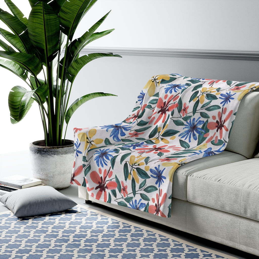 Watercolor Floral Printed Velveteen Plush Blanket