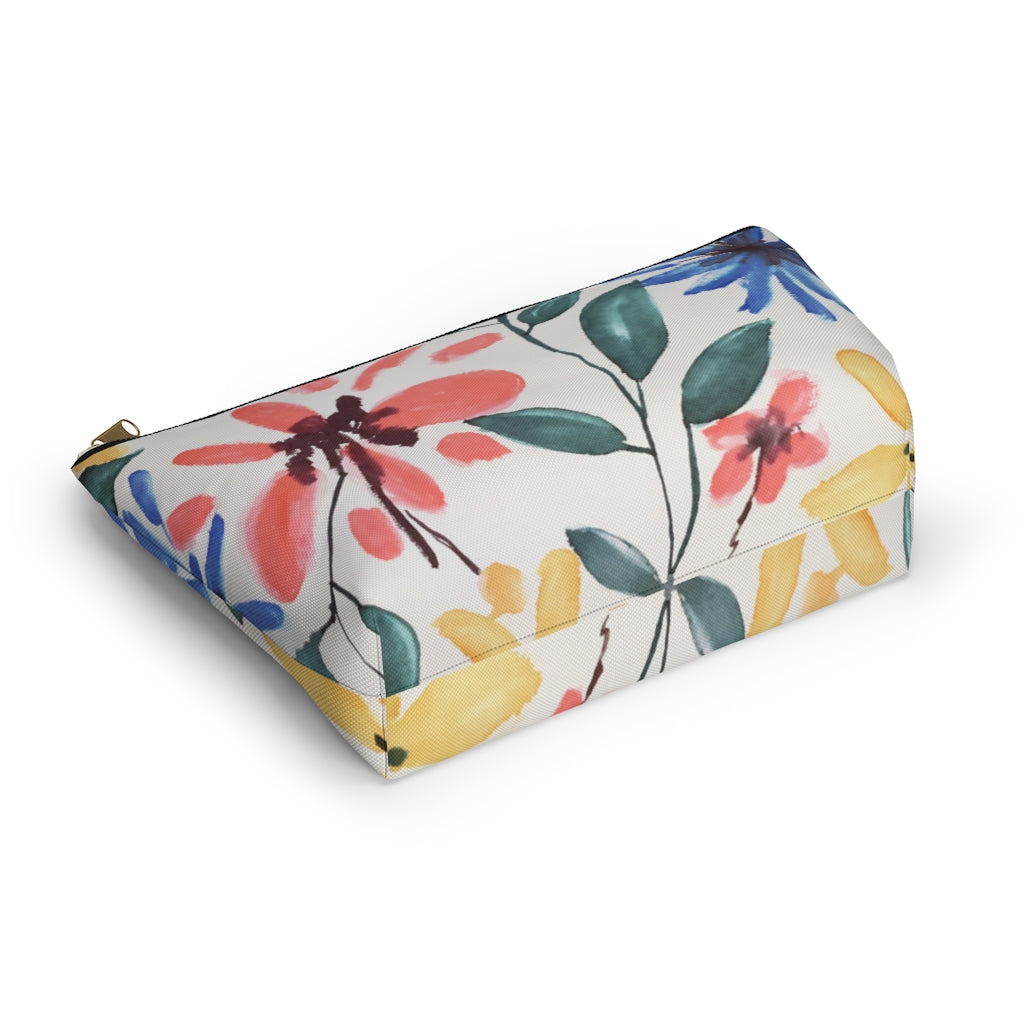 Floral Watercolor Printed Accessory Pouch w T-bottom