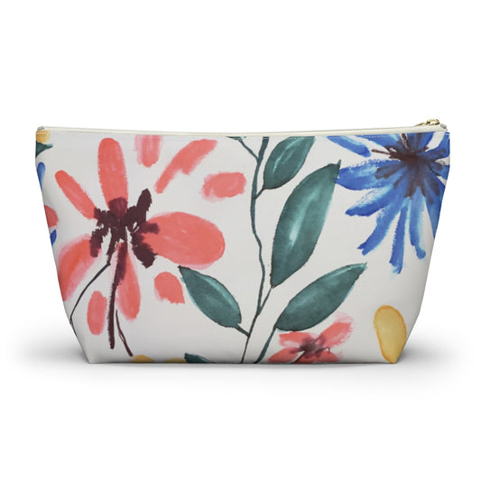 Floral Watercolor Printed Accessory Pouch w T-bottom