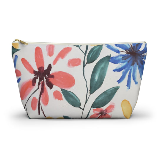 Floral Watercolor Printed Accessory Pouch w T-bottom